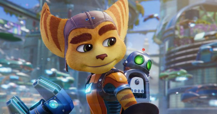 Ratchet with Clank strapped to his back looking at the robot over his shoulder fondly
