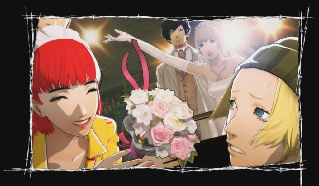 Screenshot from Catherine of a transphobic scene where the waitress Catherine is talking to a blonde man who is leaning away from her uncomfortably. The main character and Catherine are getting married in the background