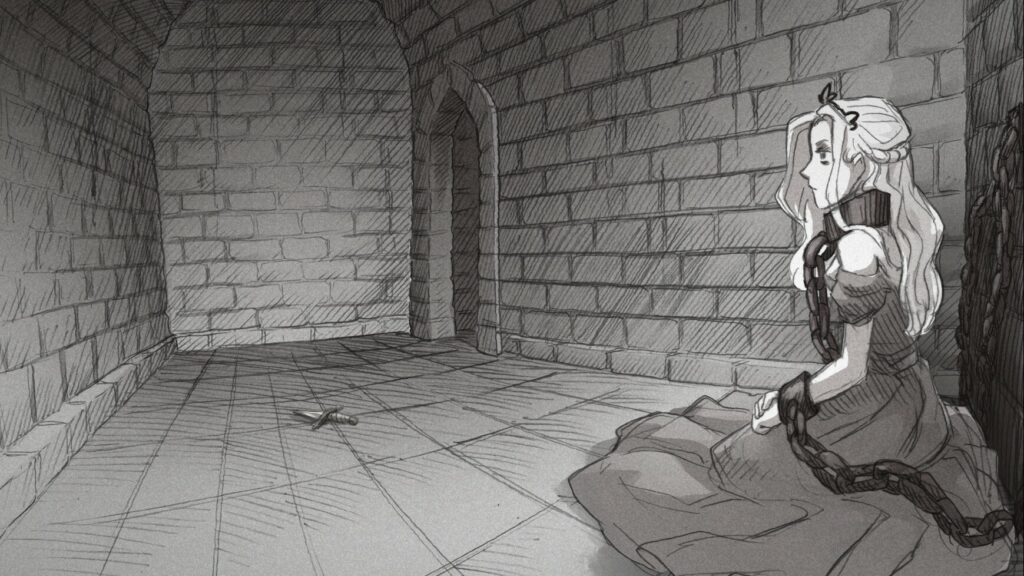 The princess in normal human form sitting in a brick dungeon chained to the wall by her neck and hands. There's a knife on the floor in front of her