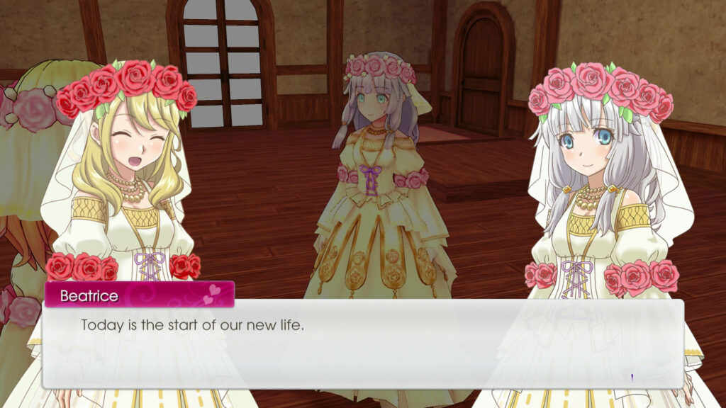 Rune Factory 5 screenshot of the female player character marrying an NPC named Beatrice