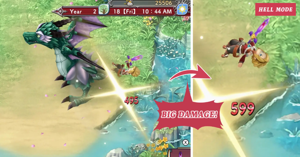 Screenshot of the protagonist of Rune Factory 3 fighting a dragon in Hell Mode