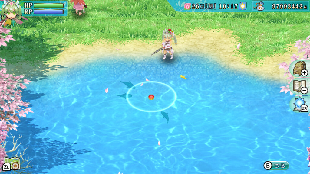 Rune Factory 4 screenshot of a teal haired woman fishing