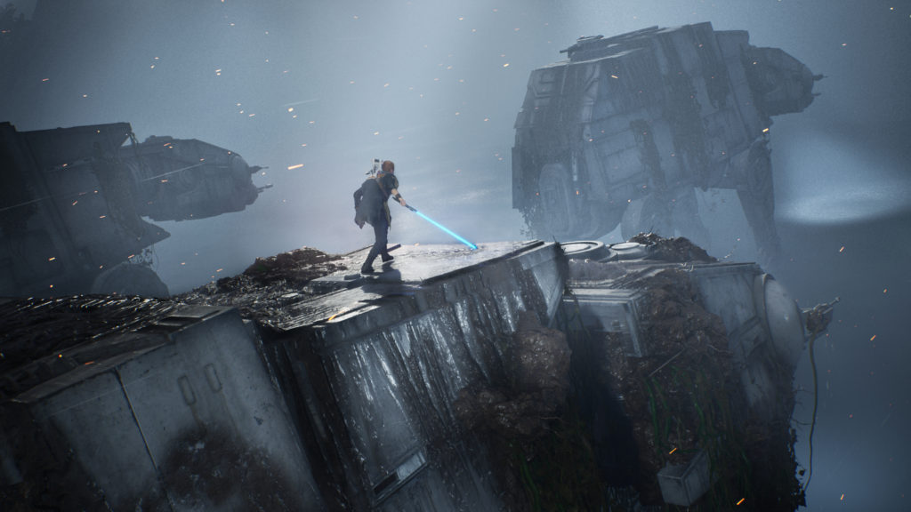 Cal walking on a rock with lightsaber drawn