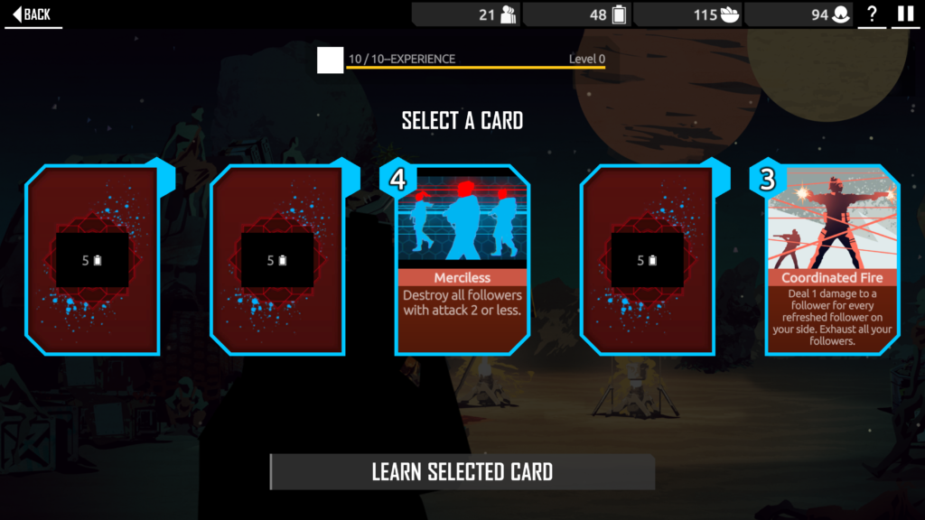 Select a Card screen from Nowhere Prophet