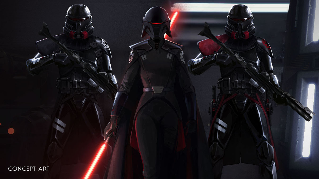 three figures in black, one with a red lightsaber