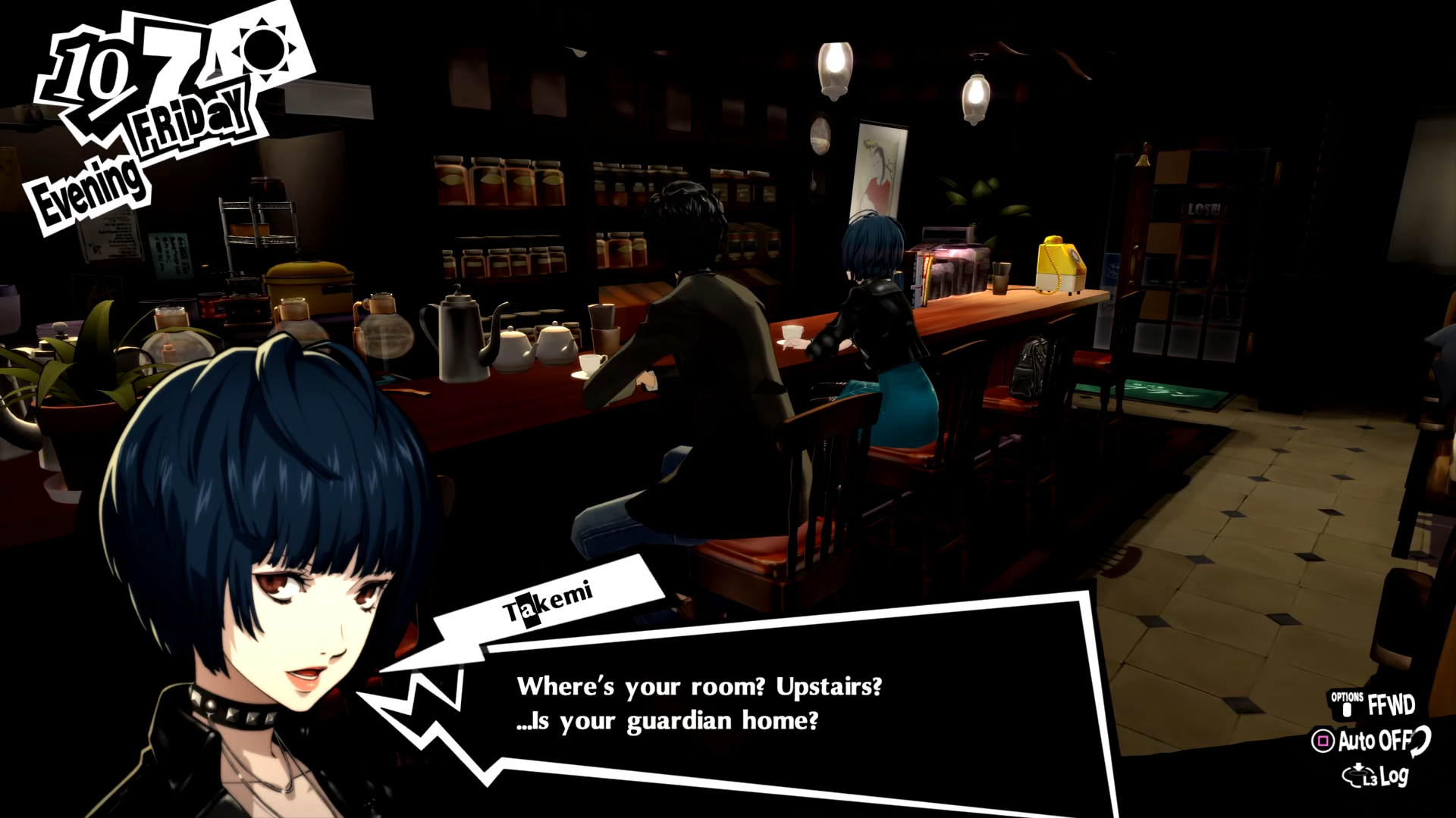 Tae Takemi asks Persona 5's Protagonist if his guardian is home with a suggestive look.