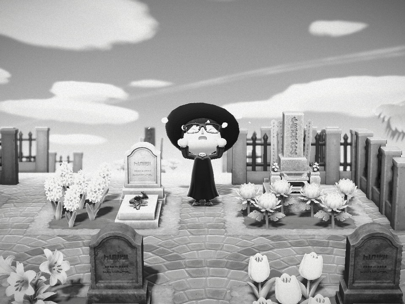 Black and white ACNH graveyard screenshot
