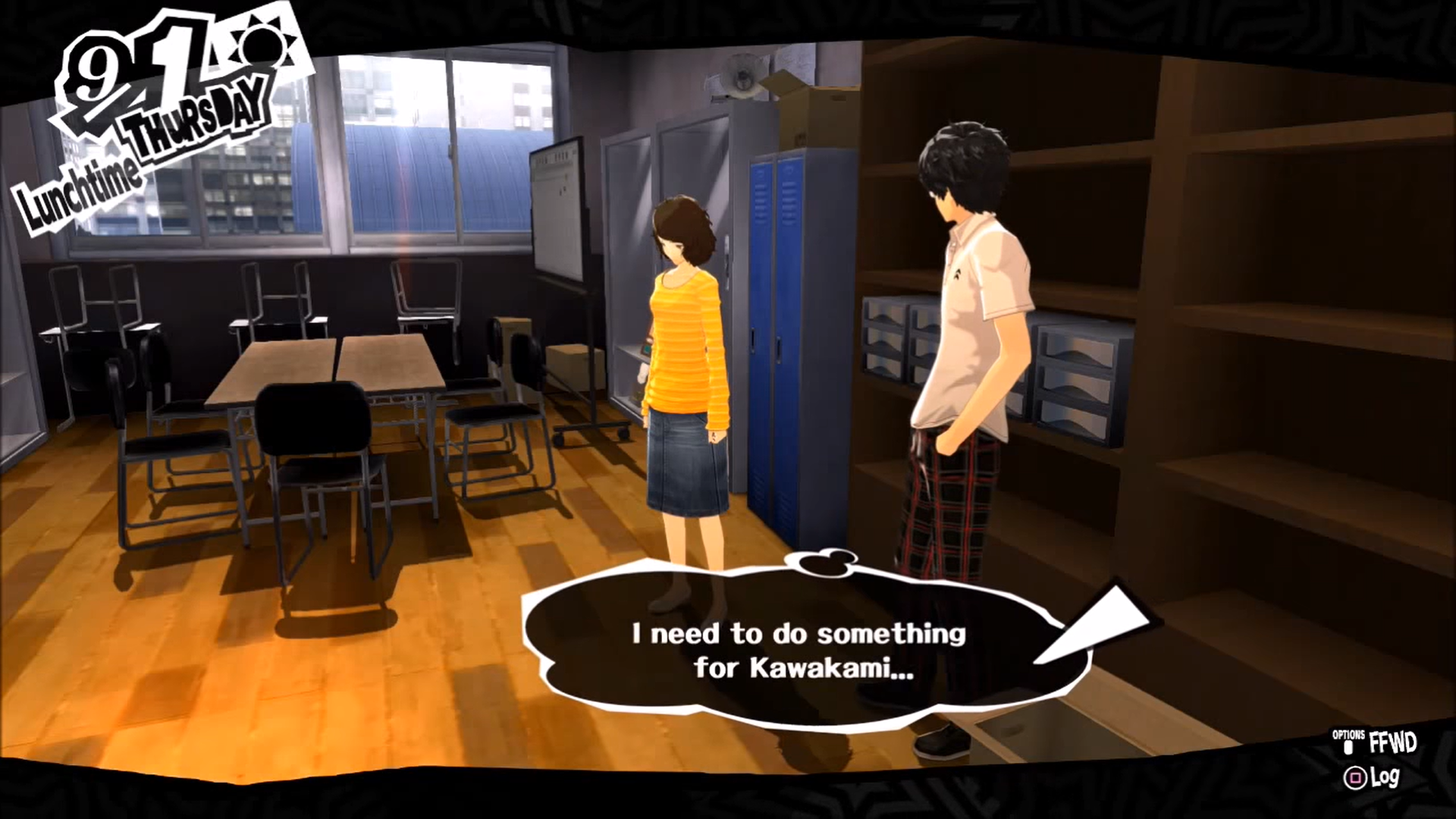 Persona 5's protagonist looks at his teacher, Kawakami. A though bubble from his head says "I need to help Kawakami..."