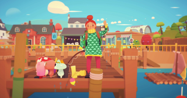 A lady in a green sweater standing on a dock on a sunny day waving to the camera while three ooblets, which look like different plants with faces and limbs sit on the dock