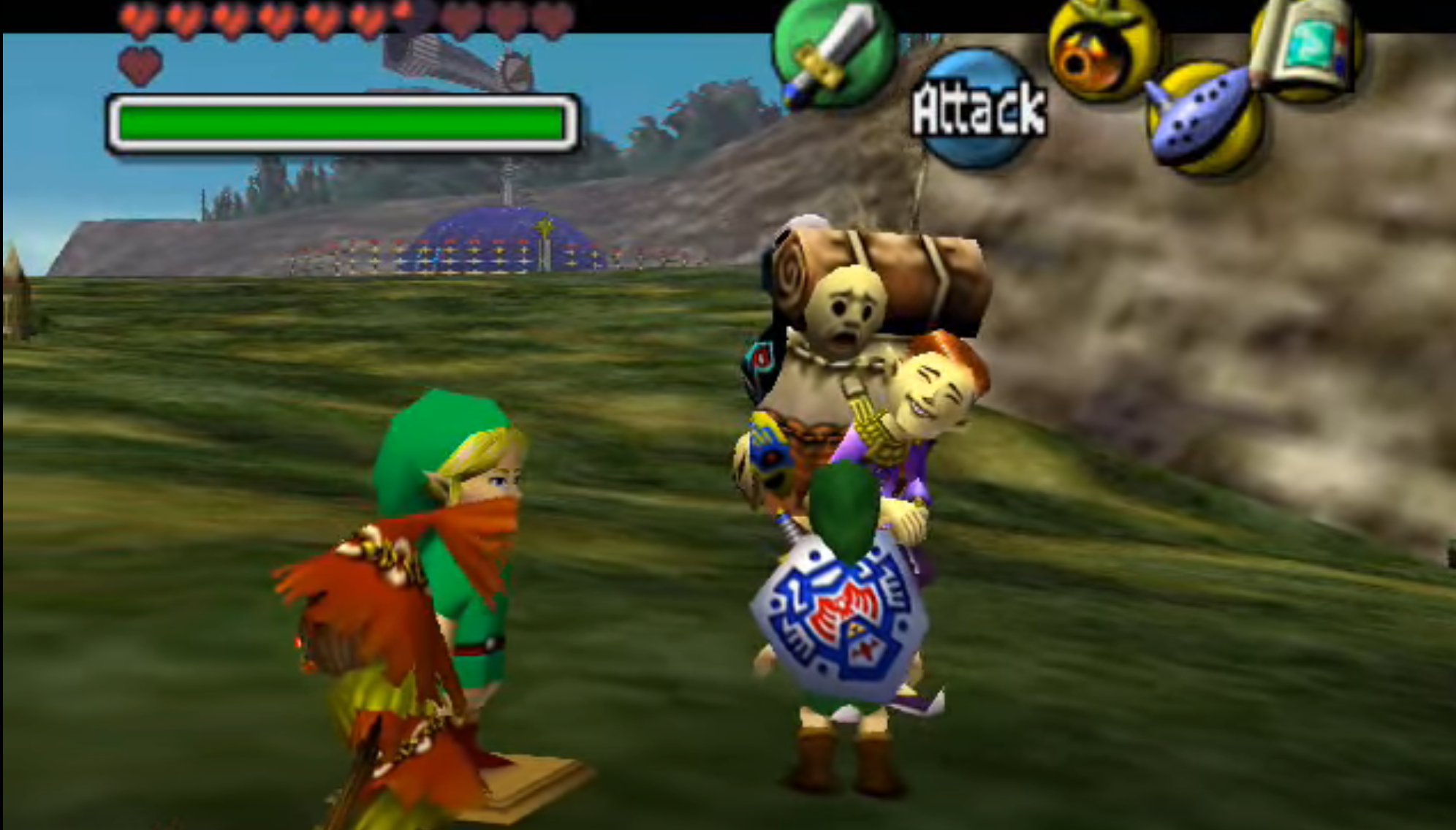 A screenshot from the BEN.wmv video where the Happy Mask Salesman's head follows the player controlled Link wherever he moves.
