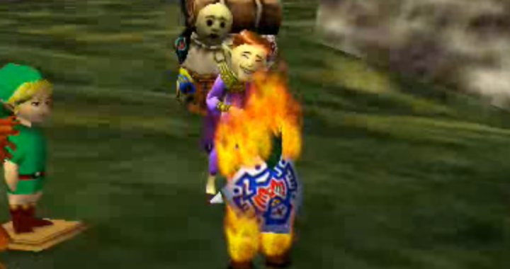 A screenshot from the BEN.wmv video where Link has burst into flame in front of the Happy Mask Salesman after playing the Song of Healing
