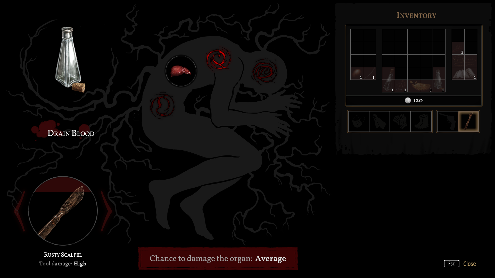 Screenshot of the Drain Blood screen from Pathologic 2. It shows the outline of a body curled in the fetal position with an organ in their torso highlighted. To the left is a vial with Drain Blood under it. At the bottom a banner reads: "chance to damage the organ: average"
