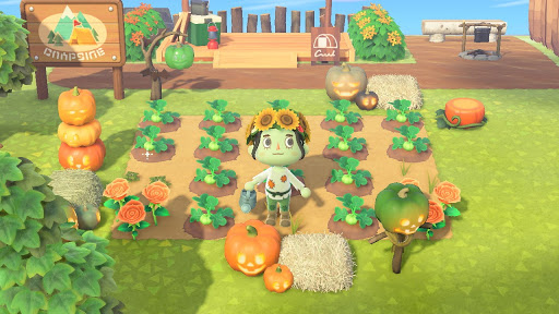 Screenshot from Animal Crossing New Horizons where the player character is in a pumpkin patch in front of their island's campsite with pumpkin decorations