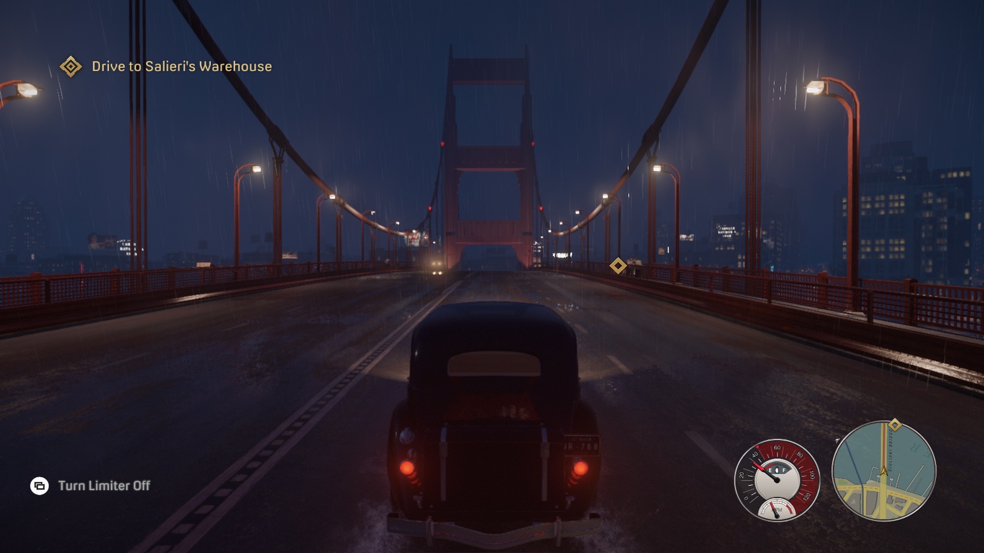 A 1930's car driving away from the camera on a bridge at night with an odometer and mission objective on the UI