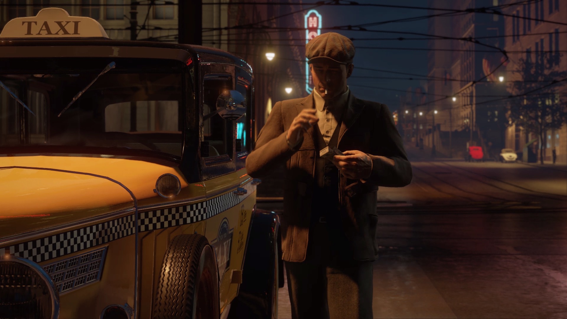 Main character Tommy wearing a cap and suit lighting a cigarette while walking up to the side of a taxi cab.