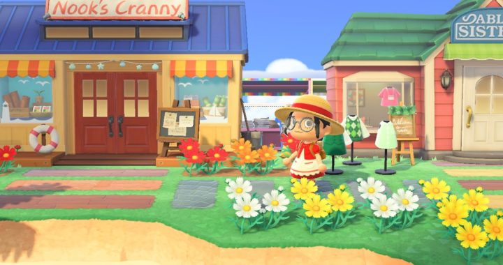 Animal Crossing villager standing in front of Nook's Cranny and the Able Sisters store with yellow and white flowers