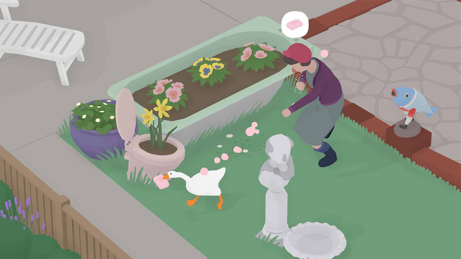 Screenshot of Untitled Goose Game where a villager in an apron is chasing the goose through their garden. The goose has a bar of soap in its beak
