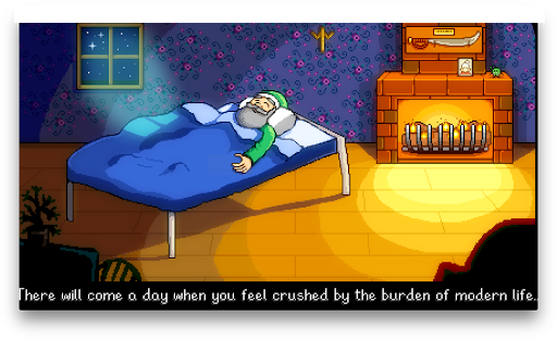 The grandfather from Stardew Valley asleep in a cot by a fireplace. The caption says There will come a day when you feel crushed by my burden of modern life.