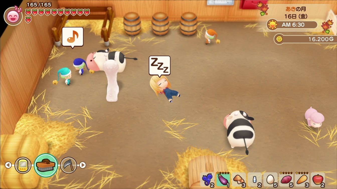 Screenshot of Story of Seasons where the player character is asleep in a barn with cows