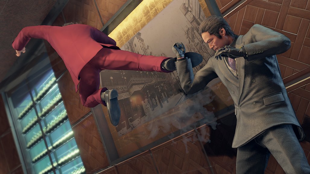 Ichiban in his maroon suit executing a flying kick on an enemy