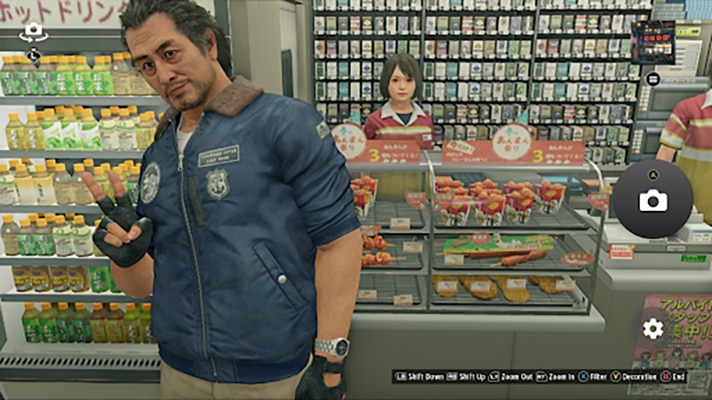 Detective Adachi posing for a photo with a peace sign in front of the register at a convenience store