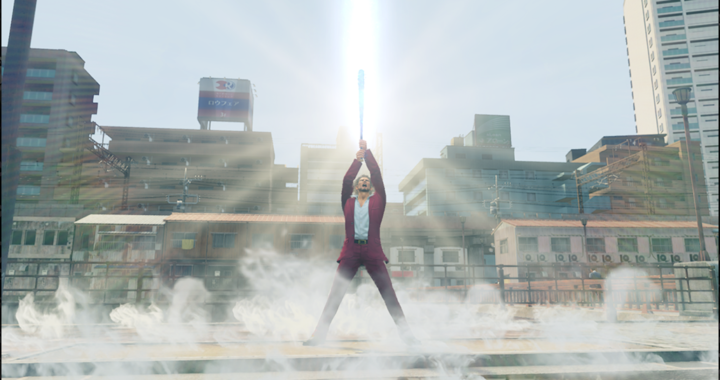 Ichiban holding a glowing weapon above his head in the sun while fog swirls around his ankles