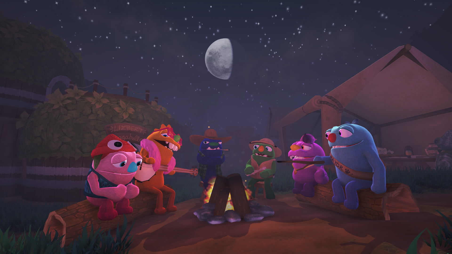 Six characters from the cast sitting around a fire at night while a half moon is above them