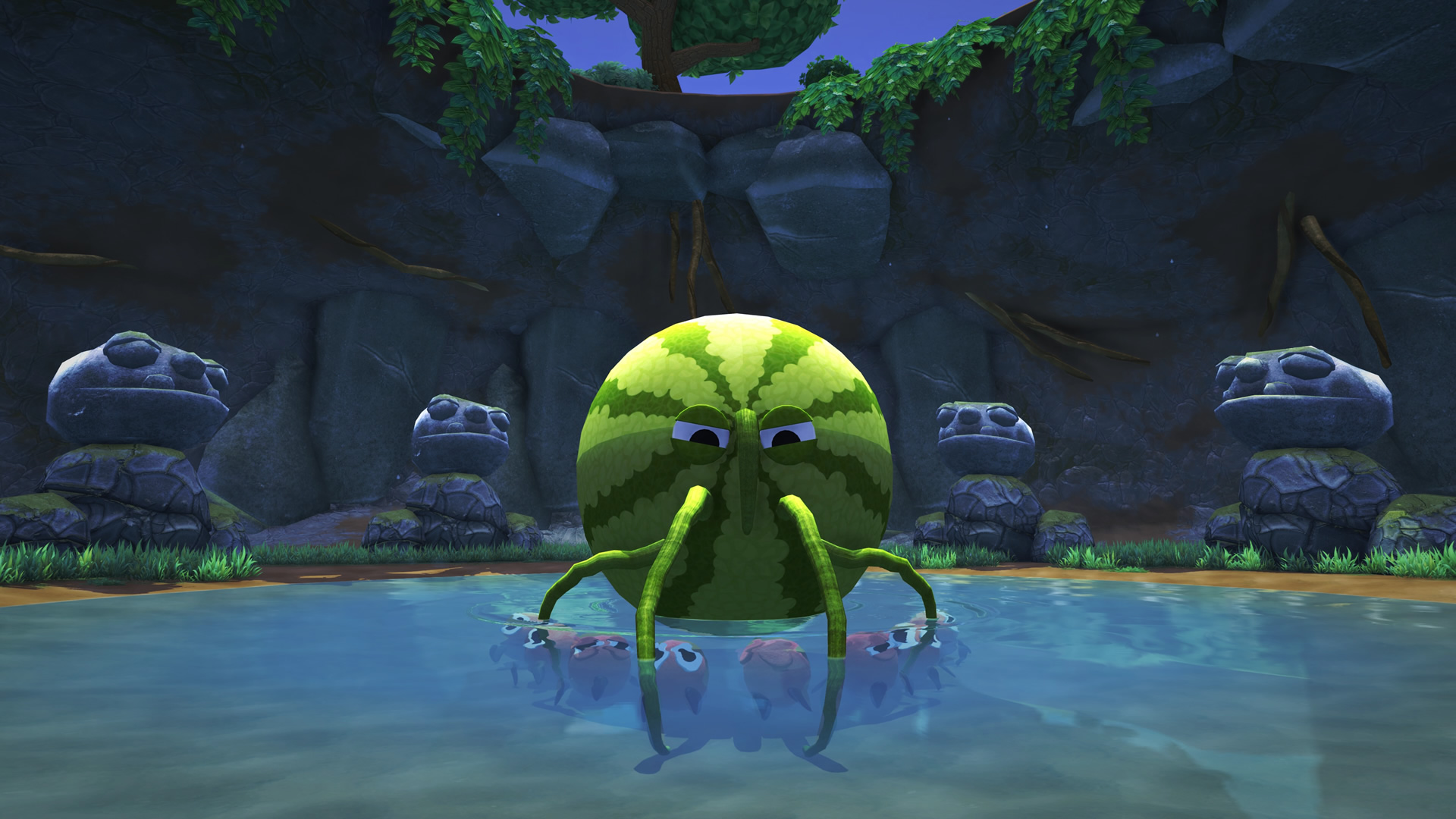 A stone cavern with stone statues encircling a pool of water with an angry looking watermelon bugsnack holding tiny red bugsnax under the water