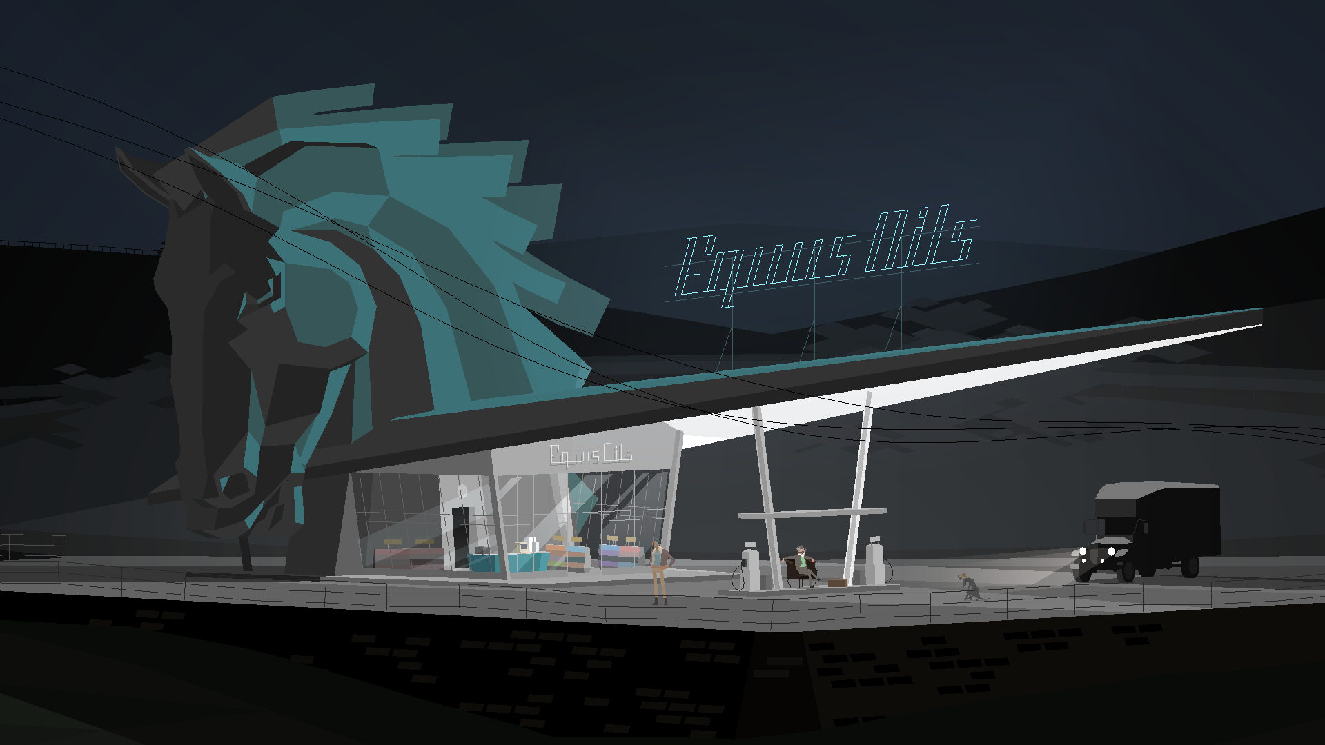 An Equis Oils gas station at night. There are a few people around and the left side of the station has a huge teal horse head on it.