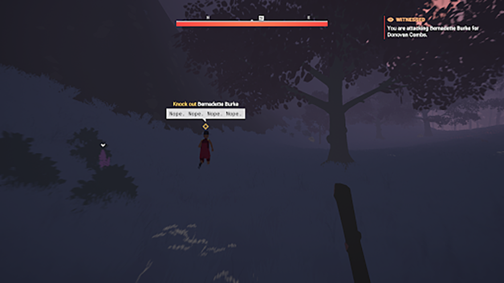 A first person POV screenshot where the player is attacking an NPC called Bernadette Burke for another NPC named Donovan Combs. The objective is to knock Bernadette out.