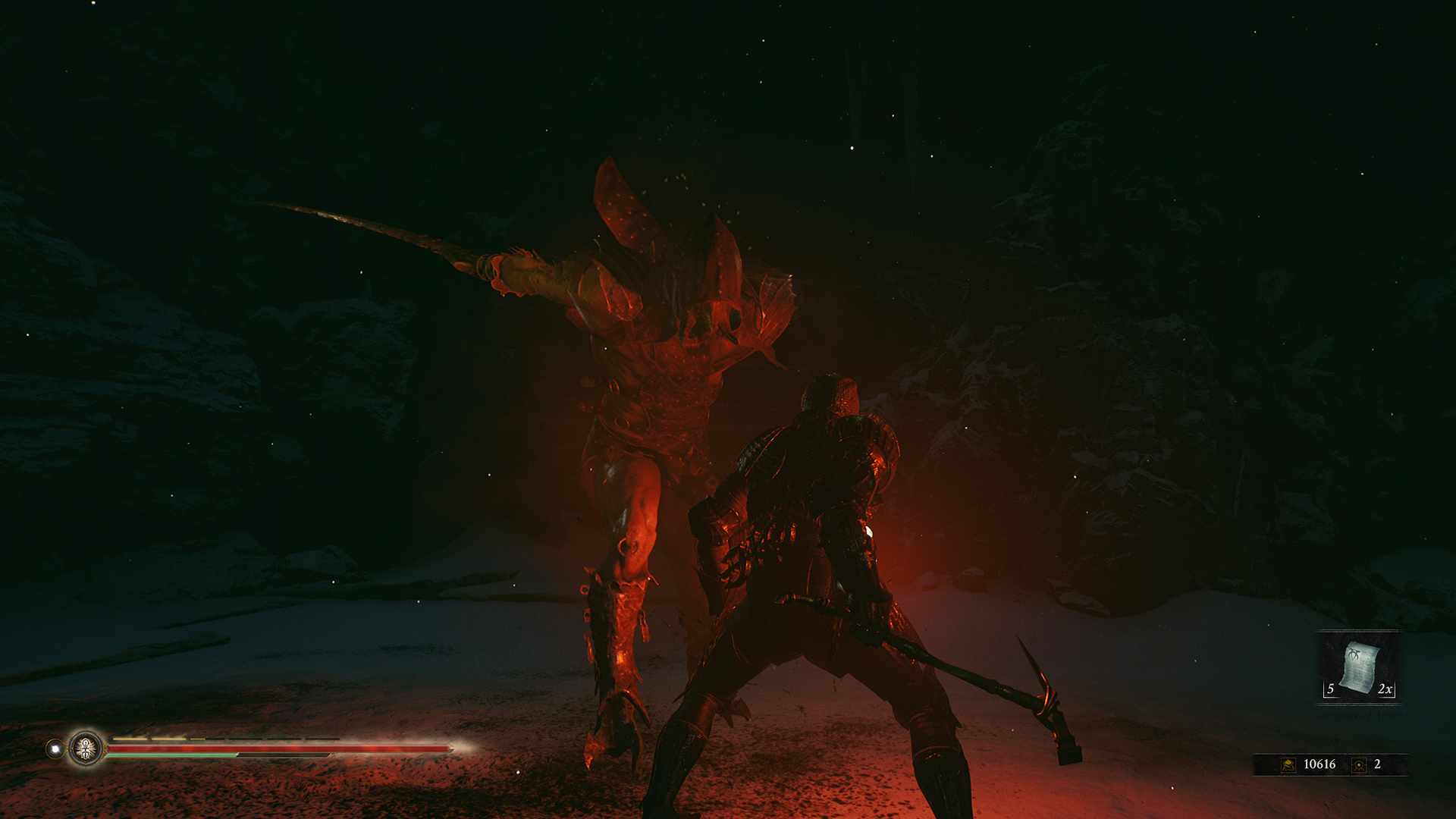 A huge armored enemy swinging their sword at the armored player character, who is glowing red