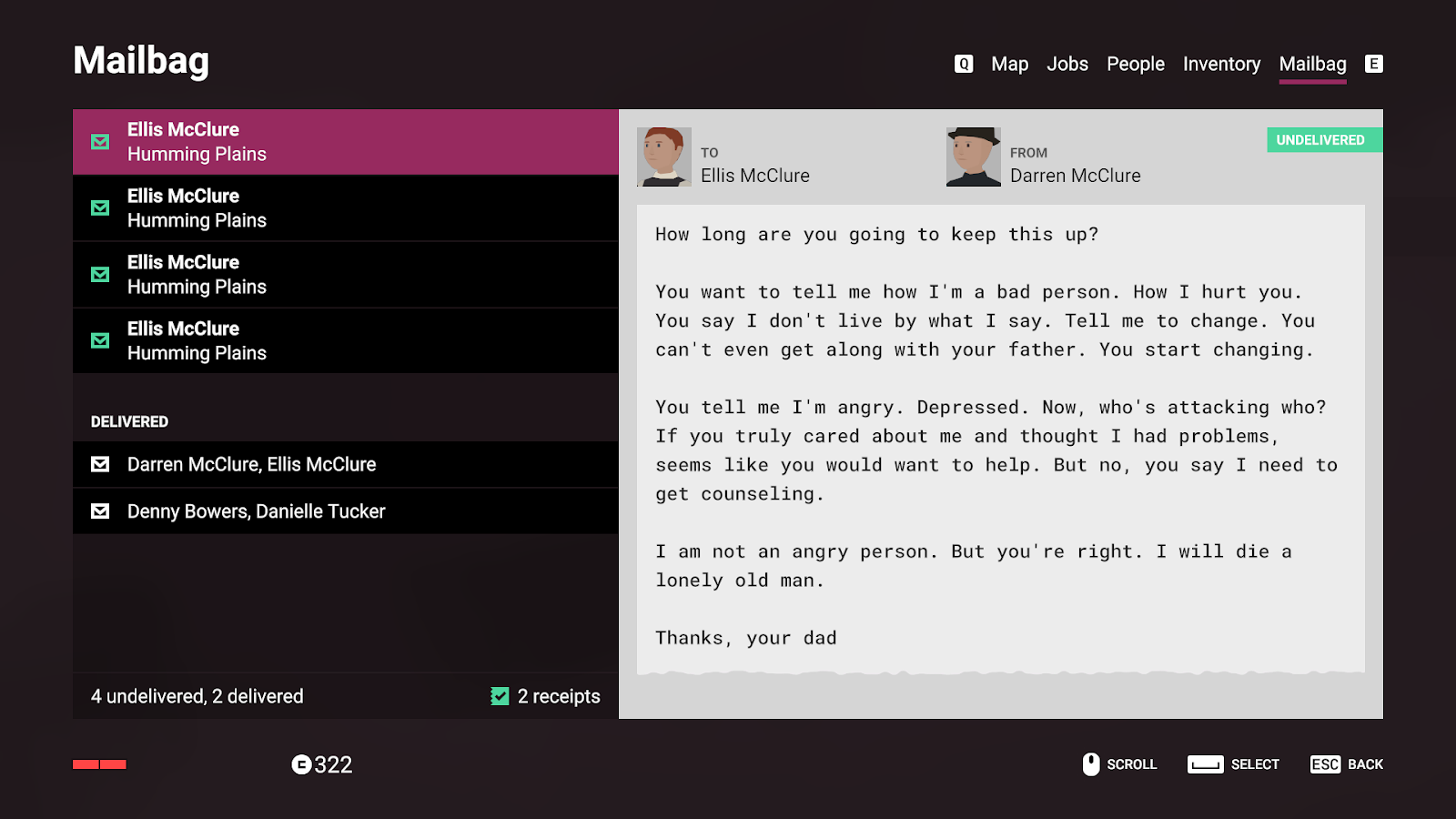 A screenshot of the in-game mail bag with various letters from NPCs. A letter from Darren McClure to Ellis McClure.