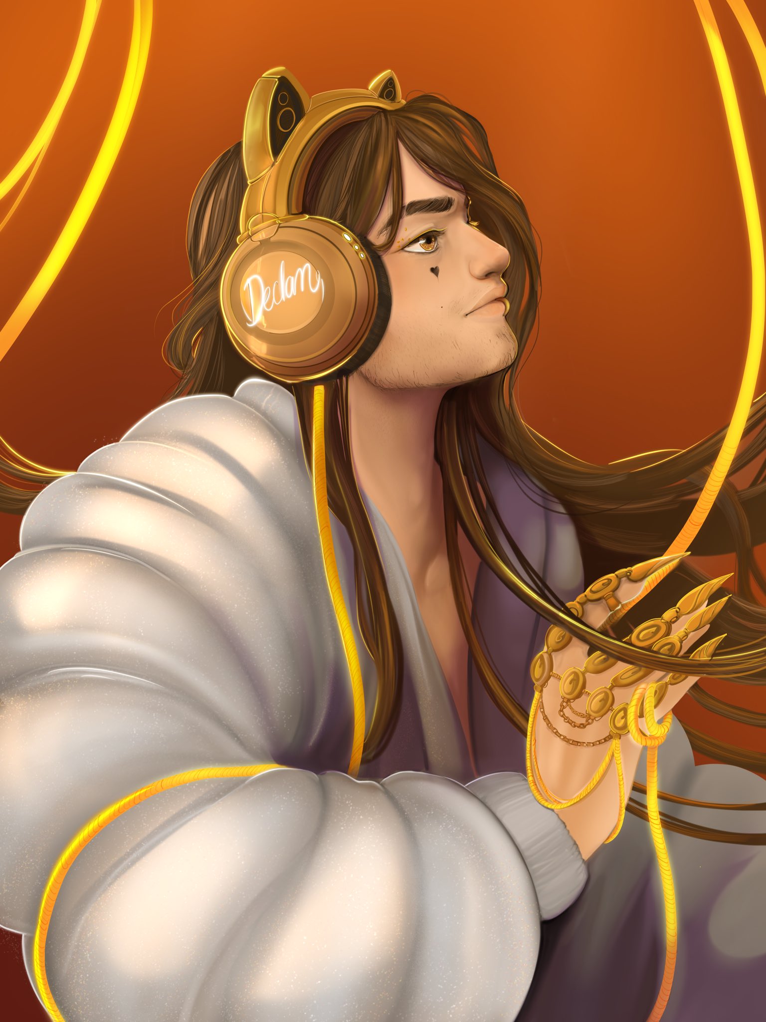 Fan art of Declan Suzanne. He has long brown hair, a puffy white jacket and gold cat ear headphones