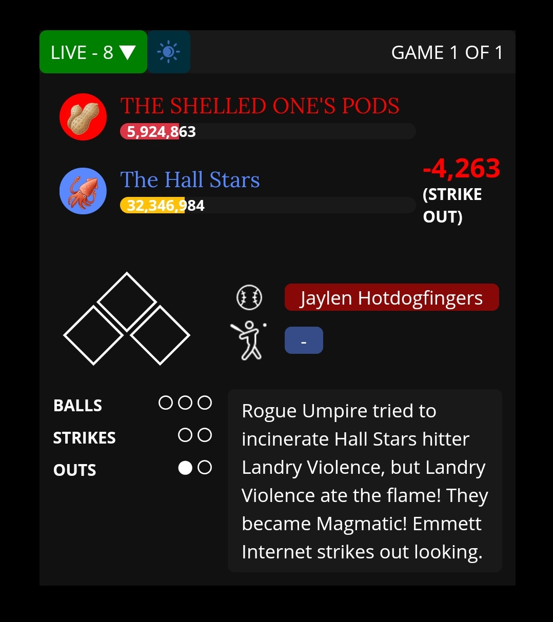 A screenshot of the Hallstars taking on the Shelled Ones. Jaylen Hotdogfingers is up to bat and Landry Violence has eaten the flame of a rogue umpire who tried to incinerate him.