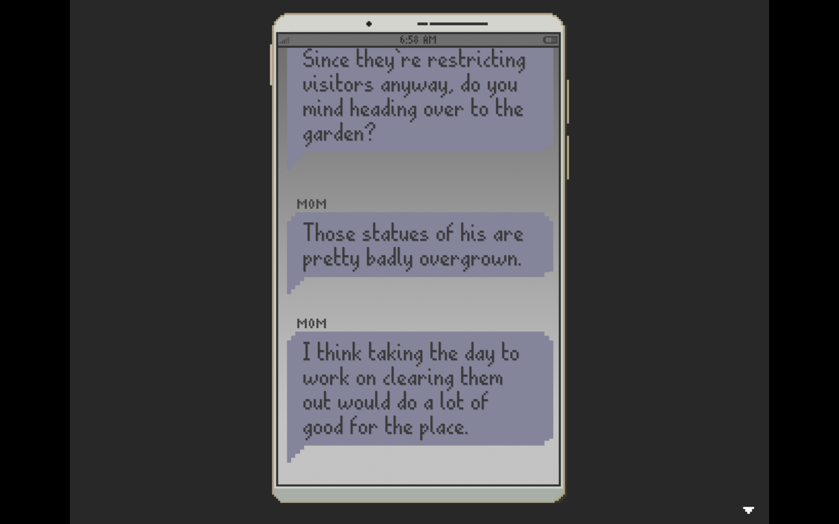 Screenshot of an in-game text conversation where Ryn's mother is asking her to go clear off the statues in the garden.