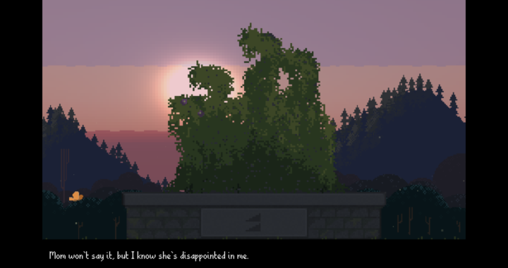 A screenshot from the game showing a large overgrown bush with Ryn saying "Mom won't say it, but I know she's disappointed in me."
