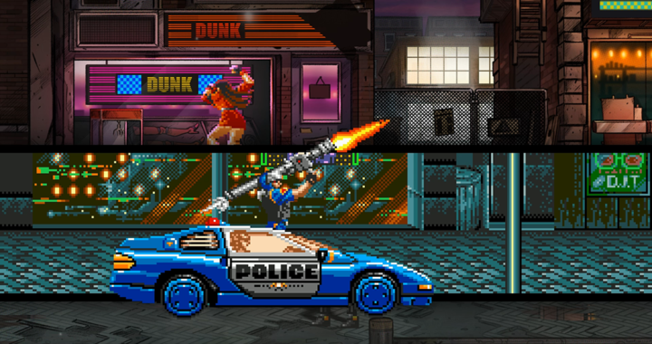 A police car driving down a street while someone shoots a bazooka from it