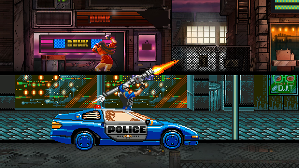 A police car driving down a street while someone shoots a bazooka from it
