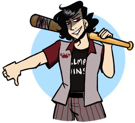 Marn S's depiction of Tillman Henderson. He has shoulder length wavy black hair, a red and grey crabs jersey, a baseball bat over his left shoulder and doing a thumbs down with his left hand.