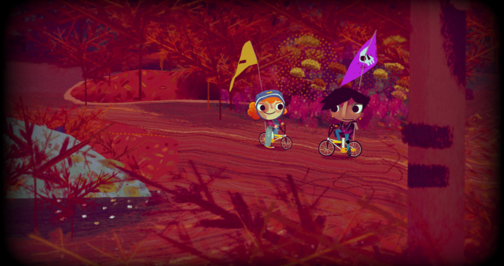 The two main characters on their bikes in a forest path where the trees and other foliage are all red