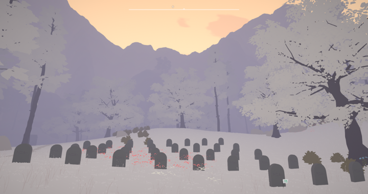 Mountains and snow covered trees surrounding a small graveyard with plain grey stones at either sunrise or sunset