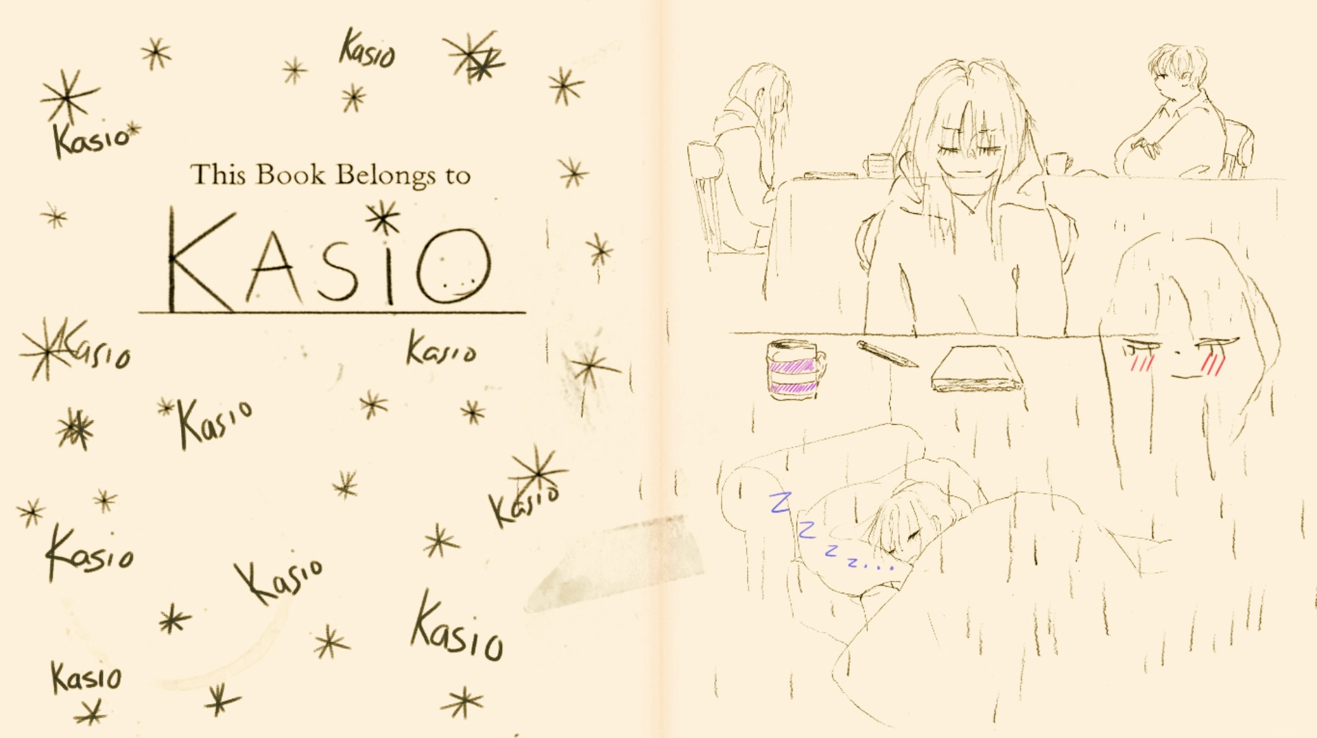 Screenshot of notebook looking paper with drawings of a young woman on the right. On the left it says "This book belongs to Kaiso" and "kaiso" is written all over the left page