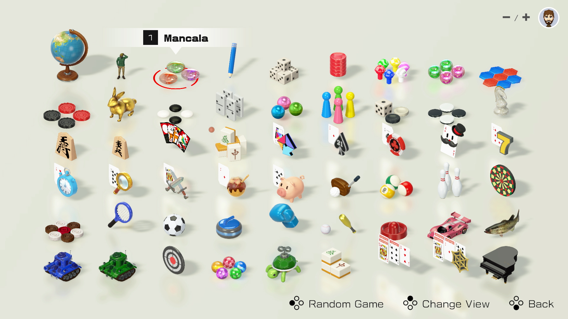Clubhouse Games' menu displaying all the available games with little toys. Mancala is the first one and is selected