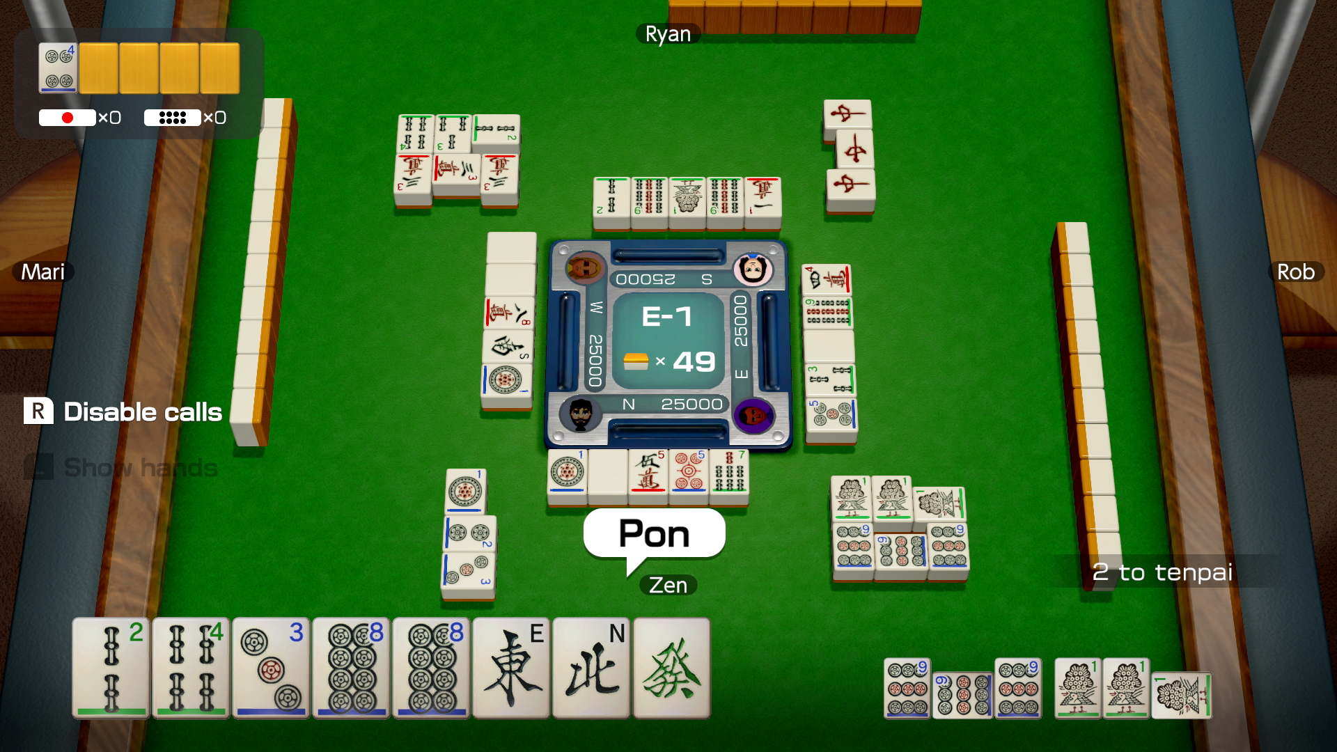 A four-player match of Mahjong where someone has called Pon