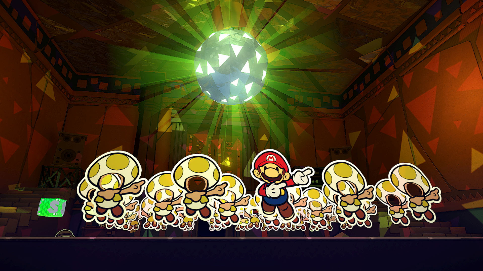 Paper Mario dancing under a disco ball with a bunch of Toad cutouts that don't have faces