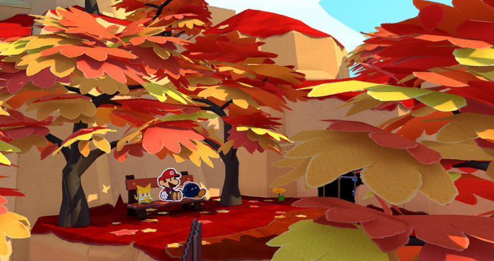 Mario and Bobby the Bo-omb sitting on a bench in the shade of some autumn trees