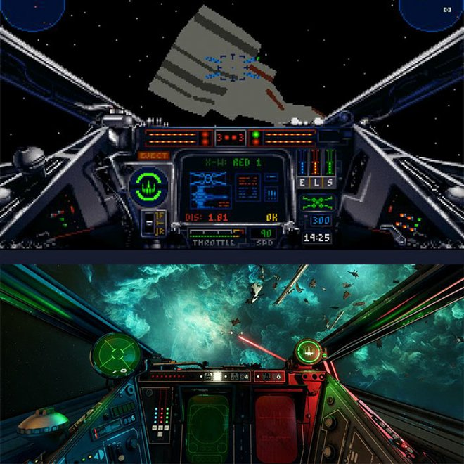 A first person screenshot of the inside of a cockpit with all the sci-fi glowing screens and readers. 