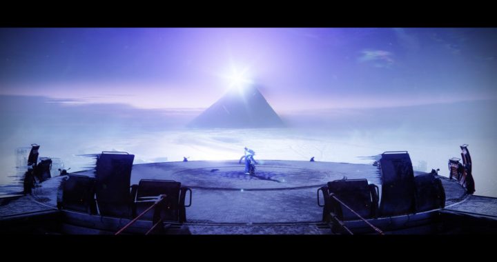 A pyramid rising out of periwinkle fog, with white light coming out of the top. A person is standing on a platform looking out over it.