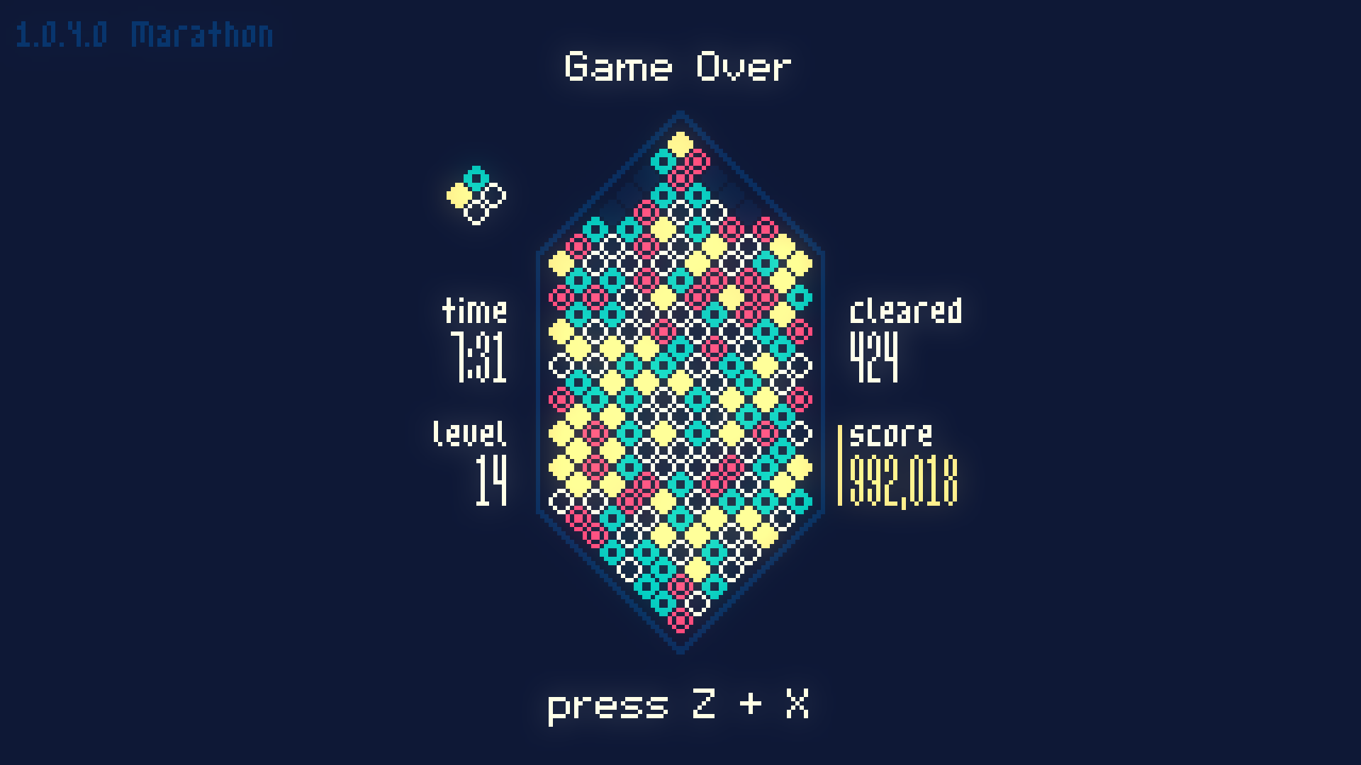 A game over screen for Mixolumia where the screen has been filled by the yellow, red and green blocks. Thetime was 7:31 minutes and they cleared 424 blocks.