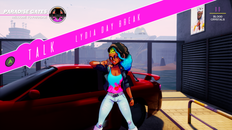 First person POV looking at Lydia Daybreak, a black woman with blue highlighted hair, sunglasses and a pink and blue tank top. She's standing in front of a red muscle car and a hot pink banner diagonally across the top says "talk to Lydia Daybreak."